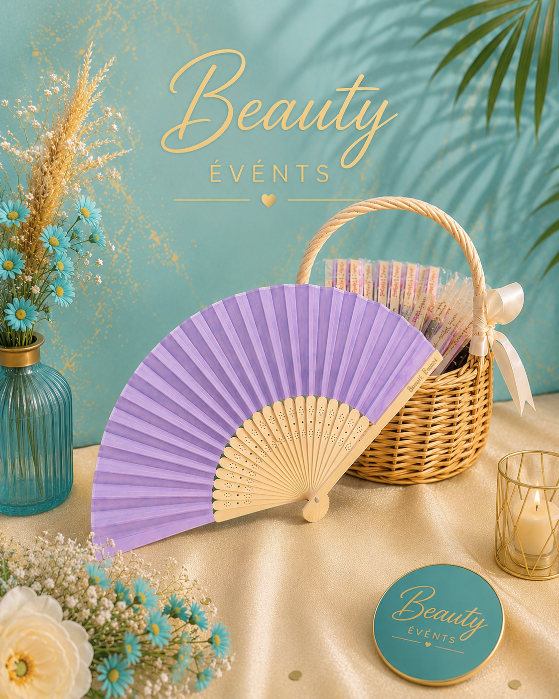 Éventail tissu violet et bambou