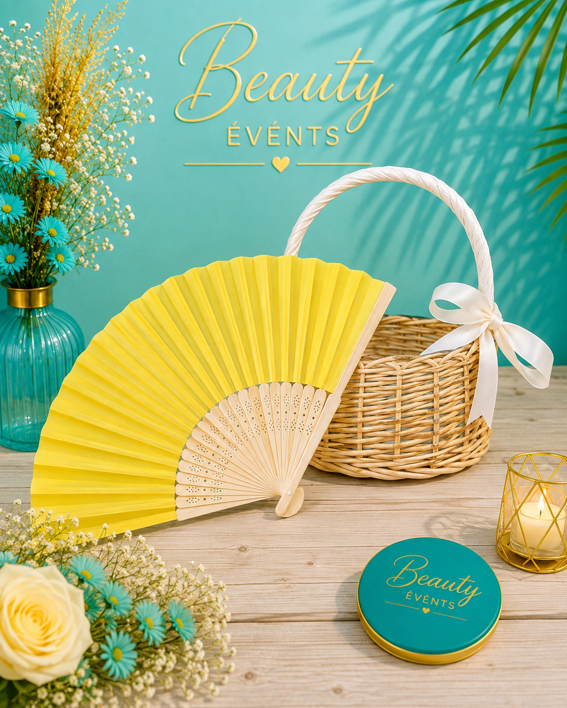 Éventail pliant bois & papier jaune - Beauty Events