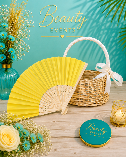 Éventail pliant bois & papier jaune - Beauty Events