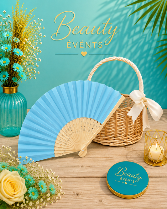 Éventail pliant bois & papier bleu - Beauty Events