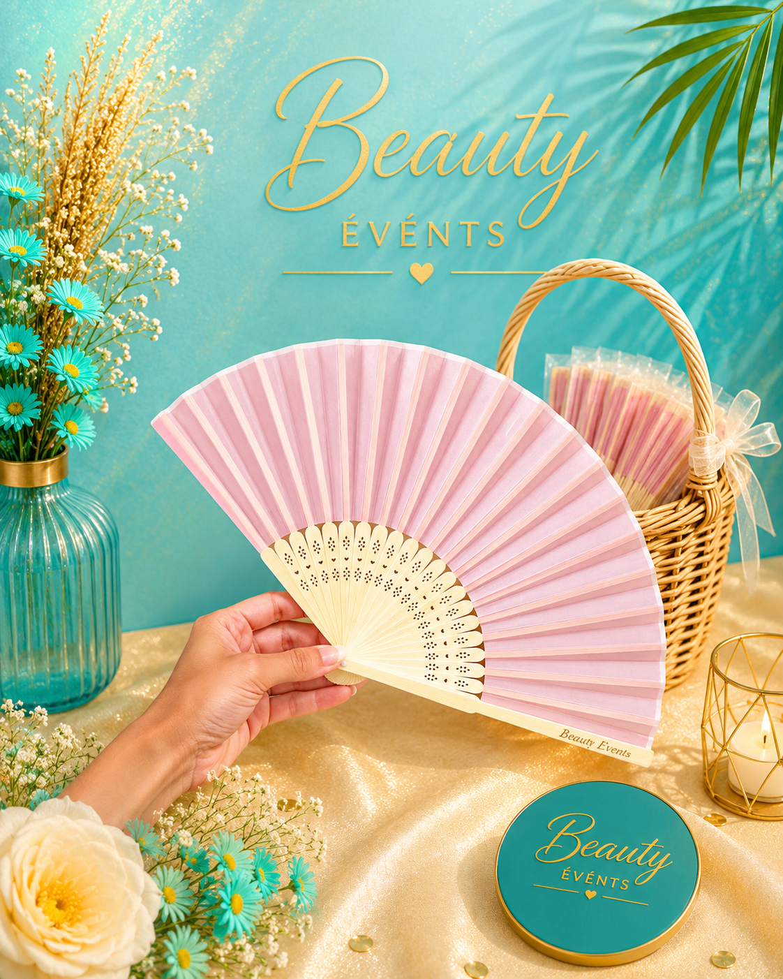 Éventail tissu rose et bambou